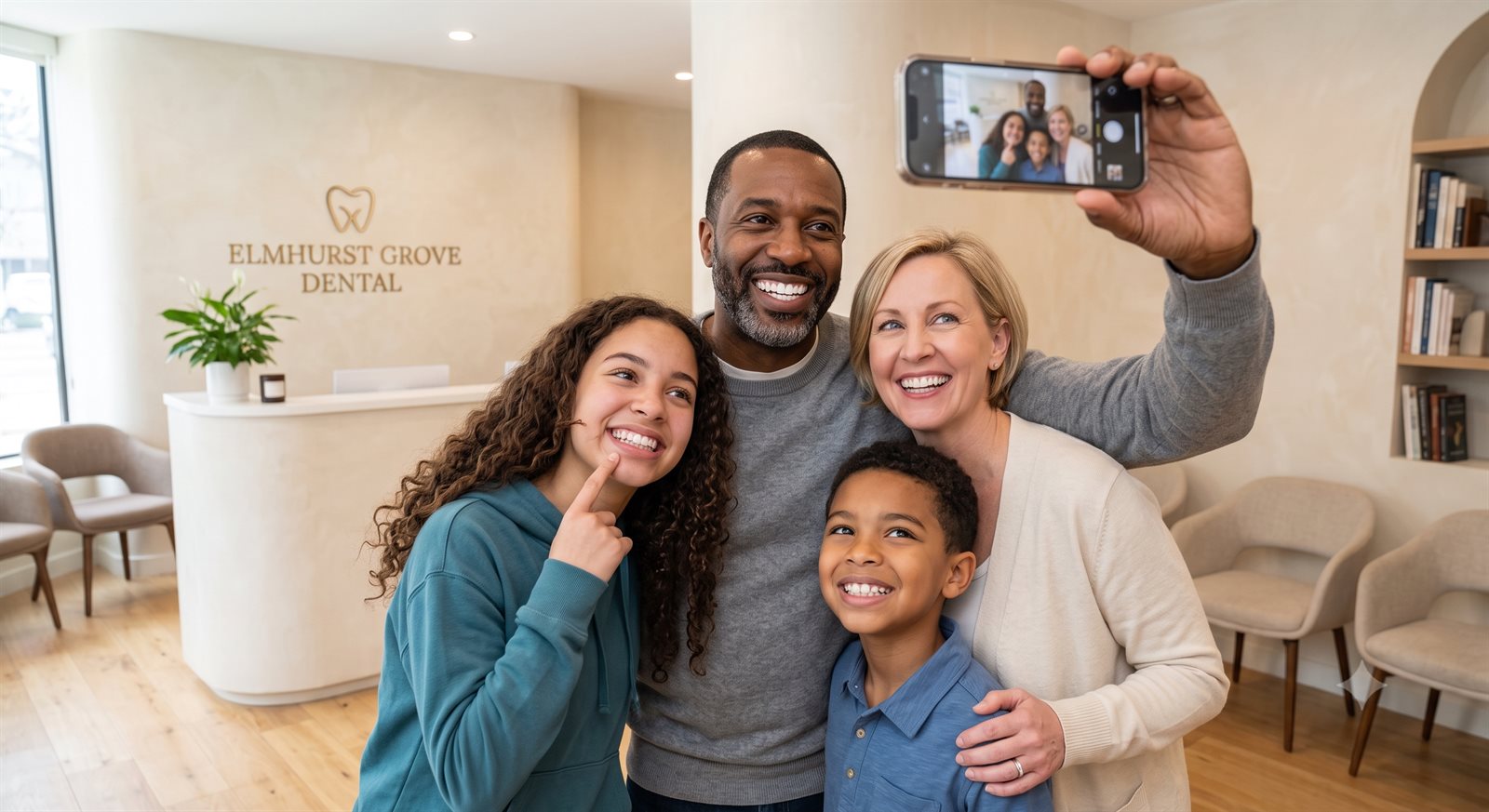 A family smiling and taking a selfie together in the Elmhurst Grove Dental waiting room
