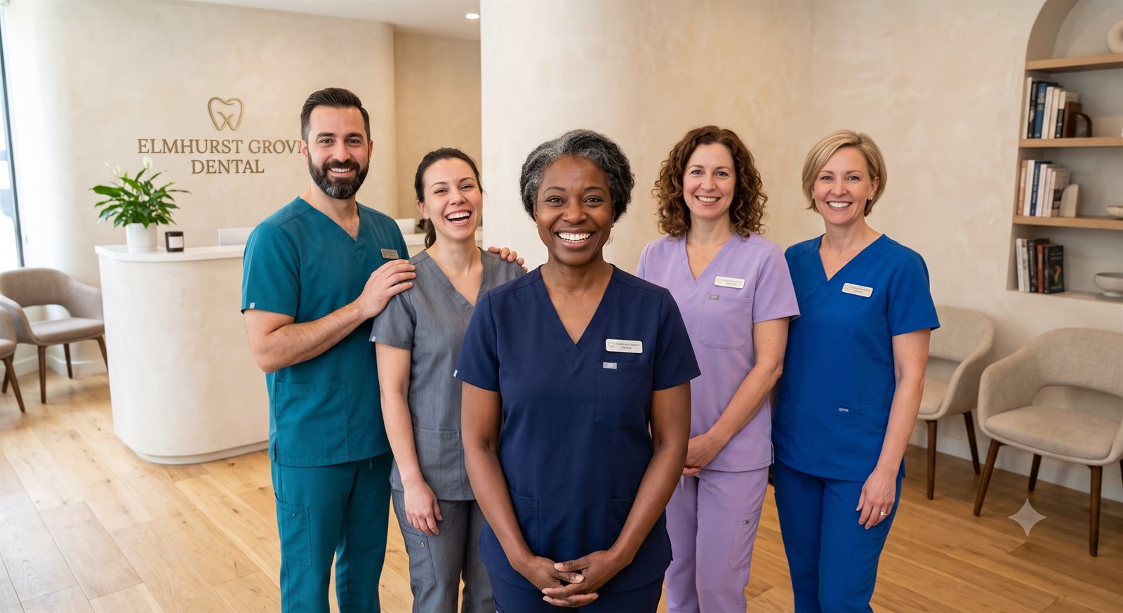 Dr. Sofia Marin and the Elmhurst Grove Dental team standing in the reception area